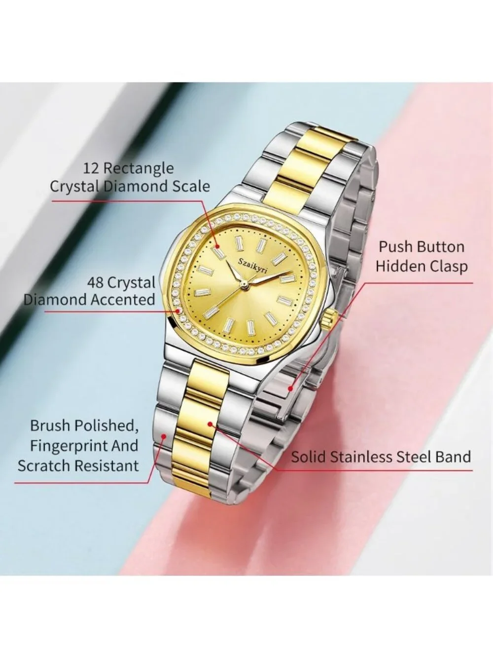Women's Silver Gold Crystal Accented Solid Stainless Steel Band Wrist Watch